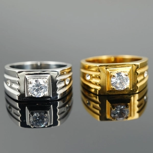 Vintage Men Titanium Steel Ring Geometric Square Zirconia Inlaid Wedding Engagement Band Classic Jewelry For Men Gold Silver