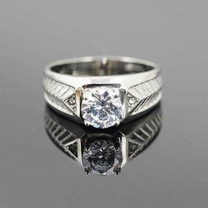 Classic men's titanium steel ring featuring a round zircon center stone and geometric patterns