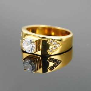 Classic gold titanium steel men's ring with large round zircon and side stone accents