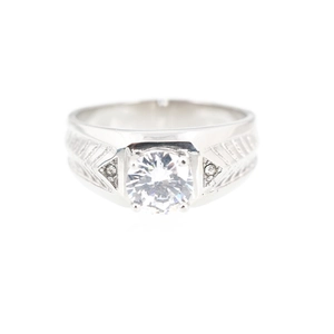 Classic silver titanium steel men ring with large round zircon and geometric engravings