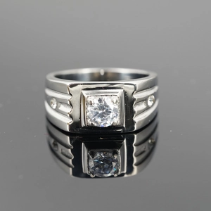 Polished titanium steel men's ring with central square-set zircon and side accents