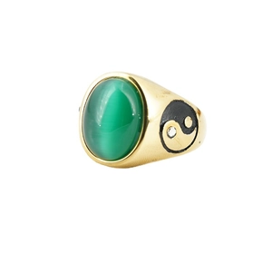 Vintage gold wide ring featuring a green oval stone and engraved Yin Yang symbol