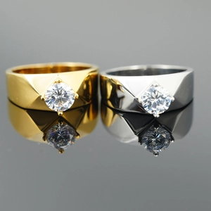 Geometric Titanium Steel Ring Round Zirconia Inlaid Wedding Band Vintage Wide Faceted Finger Ring For Unisex Jewelry