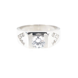 Classic titanium steel wedding ring with round diamond and arrow-shaped side accents