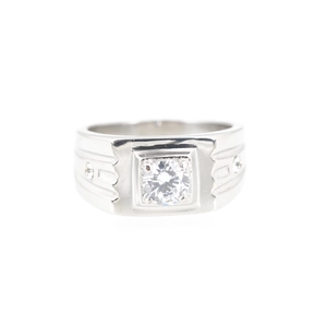 Classic silver titanium steel men's ring featuring a large round cubic zirconia center stone