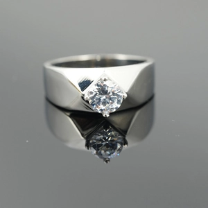 Classic silver titanium steel men's ring with a single round diamond in four-prong setting