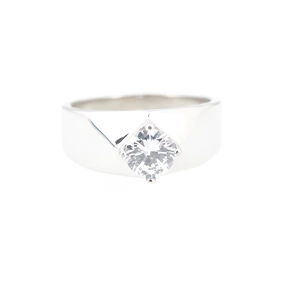 Classic silver titanium steel ring featuring a round cut diamond in a geometric band