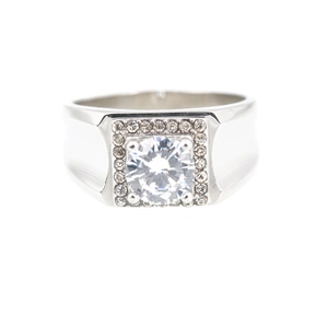 Bague pour homme en acier titane avec zircon central rond et serti halo sur anneau large