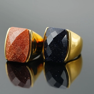 Vintage Titanium Steel Goldstone Ring For Men Women Retro Inlaid Rectangular Blue Red Sandstone Gold Plated Band Ring Jewelry