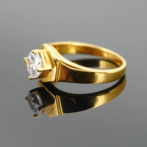 Classic gold titanium steel wedding ring with round brilliant solitaire zircon in four-prong setting