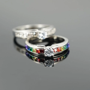 Luxury Titanium Steel Zirconia Ring For Women Men Fashion Rainbow Square Cut Solitaire Band Minimalist Trendy Jewelry