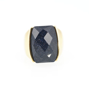 Classic gold titanium steel ring with a large rectangular blue sandstone gemstone for men