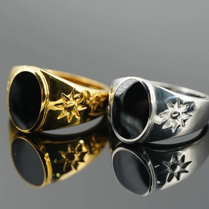 Vintage Men Stainless Steel Signet Ring Black Agate Stone Inlaid Star Pattern Retro Gold Silver Plated Punk Jewelry Finger Ring