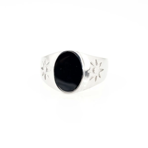 Vintage stainless steel signet ring with oval black onyx and sunburst side engravings