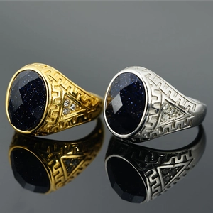 Vintage Men Stainless Steel Ring Oval Blue Sandstone Greek Key Meander Pattern Signet Ring Zirconia Retro Punk Fashion Jewelry