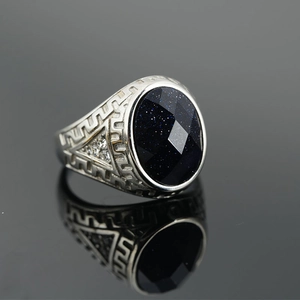 Vintage men's titanium steel ring with blue sandstone and Greek key pattern