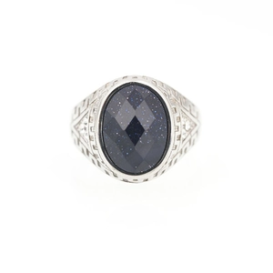 Vintage stainless steel ring for men with oval blue sandstone and Greek fret patterns