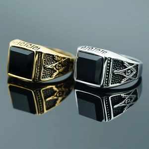 Vintage Men Titanium Steel Ring Square Black Stone Masonic Symbol Retro Gold Silver Stainless Steel Signet Ring For Men
