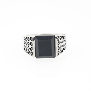 Vintage men's stainless steel ring with rectangular black gemstone and hollow side pattern