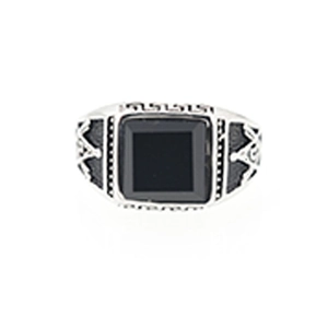 Vintage stainless steel Freemasonry ring with black obsidian stone and Greek fret patterns