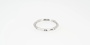 Close-up of silver titanium steel ring featuring a unique minimalist bamboo joint design