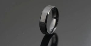 Detail of matte brushed black stainless steel ring with polished inner band for men