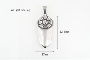 Macro shot of Tai Chi sword pendant showing 52.5mm height and 27.7g weight specs