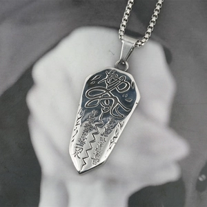 Vintage stainless steel shield pendant necklace featuring engraved Taoist art and box chain