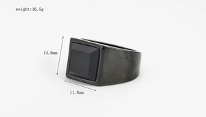 Detailansicht eines schwarzen Titanrings mit quadratischem Obsidian und 16,5 g Gewicht