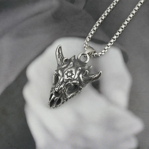 Vintage punk dragon bone necklace with hexagram skull pendant on box chain