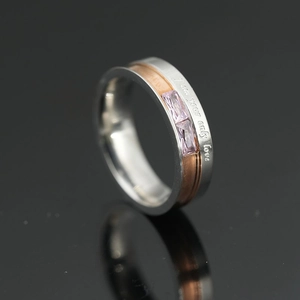 Two-tone titanium steel ring with pink square zircons and I am your only love engraving