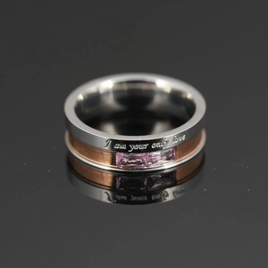 Titanium steel couple ring with pink gemstones and I am your only love engraving