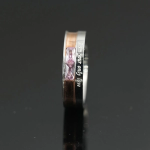Titanium steel ring with silver and rose gold blocks and pink baguette-cut gemstones