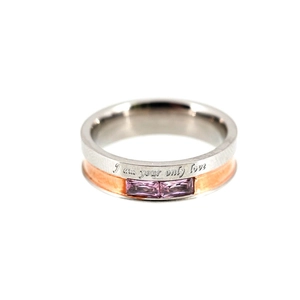 Men's two-tone titanium steel ring with pink gemstones and engraved love text