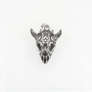 Vintage stainless steel dragon skull necklace with hexagram detail on white background