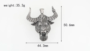 Detailed heavy-duty bull head pendant in vintage steel finish with dimensions shown