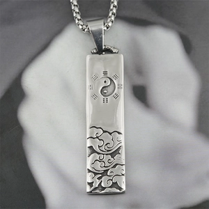 Vintage Men Stainless Steel Bagua Taiji Pendant Necklace Cultural Auspicious Cloud Rectangular Tag Titanium Steel Jewelry