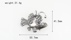 Detailed view of silver anglerfish pendant showing dimensions and 31.4g weight