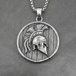 Retro Spartan Warrior Helmet Pendant Necklace For Men Titanium Steel Antique Silver Greek Shield Round Medallion Viking Celtic Hip Hop Jewelry Gift