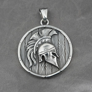 Silver stainless steel Viking Spartan helmet pendant necklace with embossed relief detail