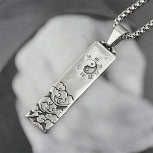 Men's titanium steel necklace featuring a rectangle Tai Chi Bagua pendant and box chain