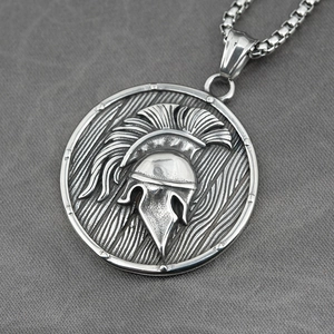Vintage Viking Spartan warrior shield pendant necklace in matte silver titanium steel