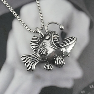 Gothic anglerfish pendant necklace in vintage silver finish with bead chain for men and women