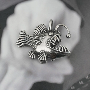 Gothic punk anglerfish pendant necklace in vintage silver finish for hip-hop style