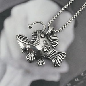 Gothic style anglerfish pendant necklace in antique silver finish with box chain for men