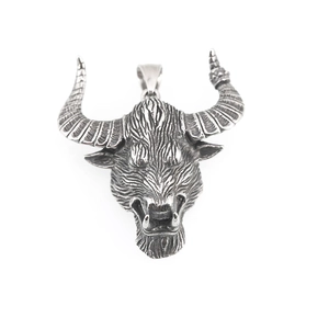Vintage bull head pendant in silver titanium steel with intricate engraved details