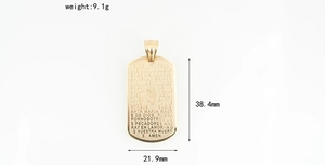 Detailed size view of golden titanium steel religious pendant with engraved scriptures