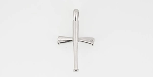 Close-up of baseball bat cross pendant in polished silver stainless steel finish