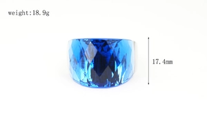 Detail view of a blue faceted wide resin ring showing weight 18.9g and height 17.4mm