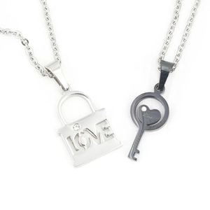 Minimalist titanium steel couple necklaces with silver lock and black heart key pendants